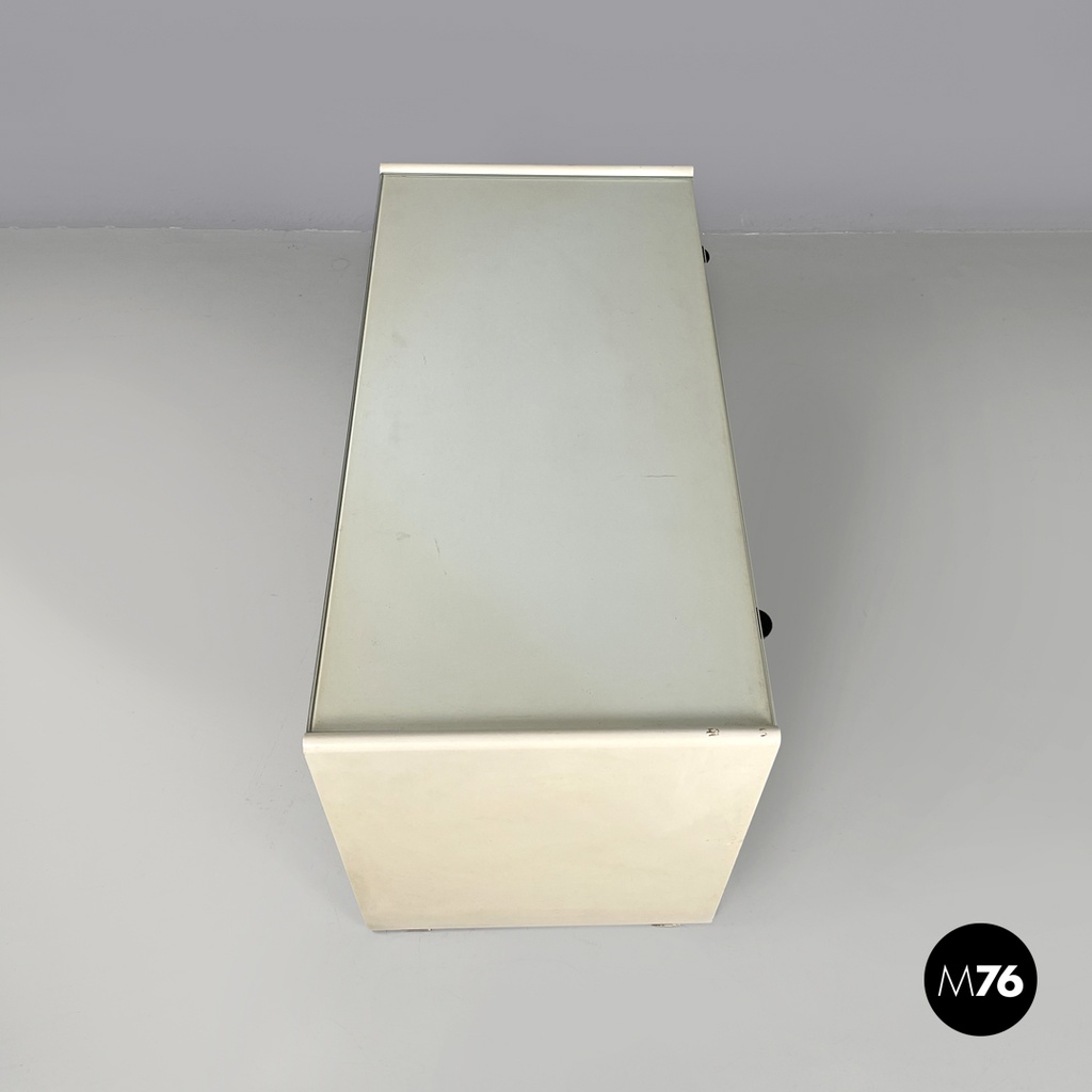 Italian post-modern white wood chest of drawers with black plastic handles 1980s