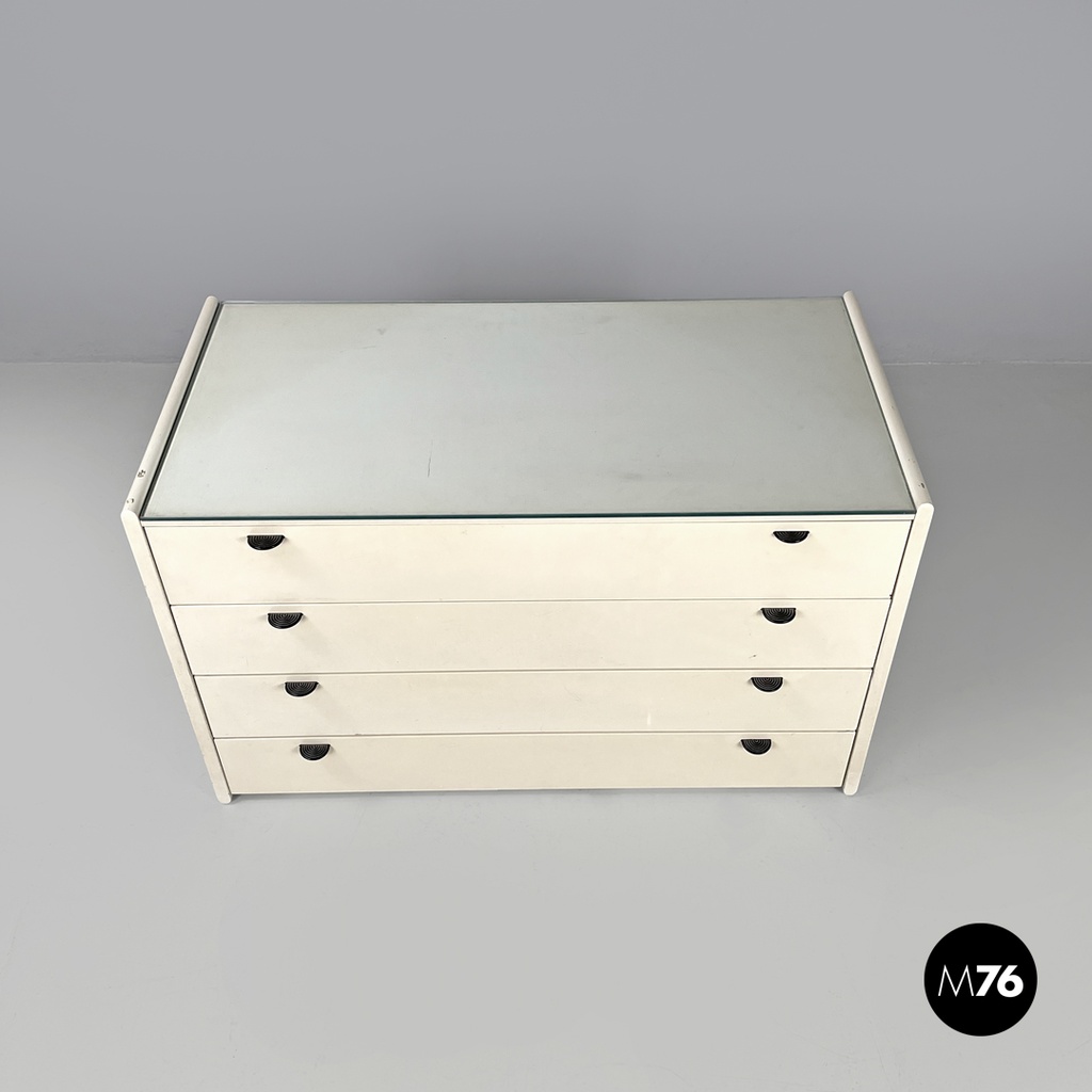 Italian post-modern white wood chest of drawers with black plastic handles 1980s