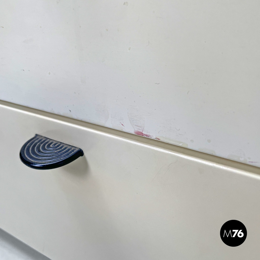 Italian post-modern white wood chest of drawers with black plastic handles 1980s