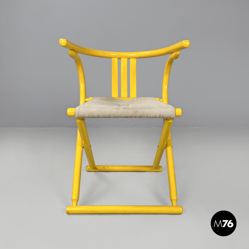 Italian post-modern folding tub chair in yellow wood and beige fabric, 1980s