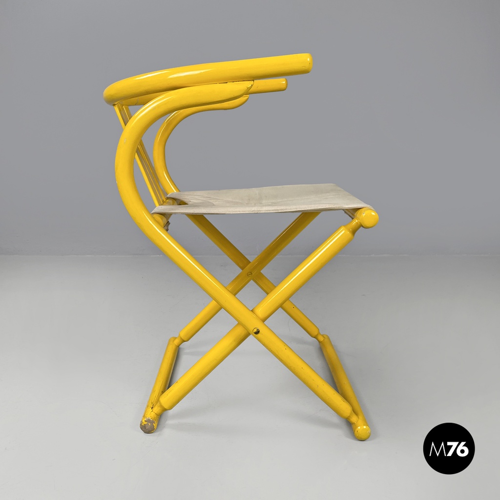 Italian post-modern folding tub chair in yellow wood and beige fabric, 1980s