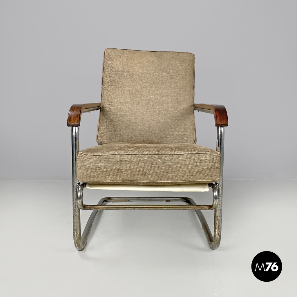 Italian Bauhaus armchair chromed metal structure and light brown fabric, 1940s