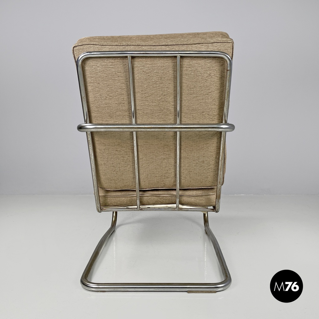 Italian Bauhaus armchair chromed metal structure and light brown fabric, 1940s
