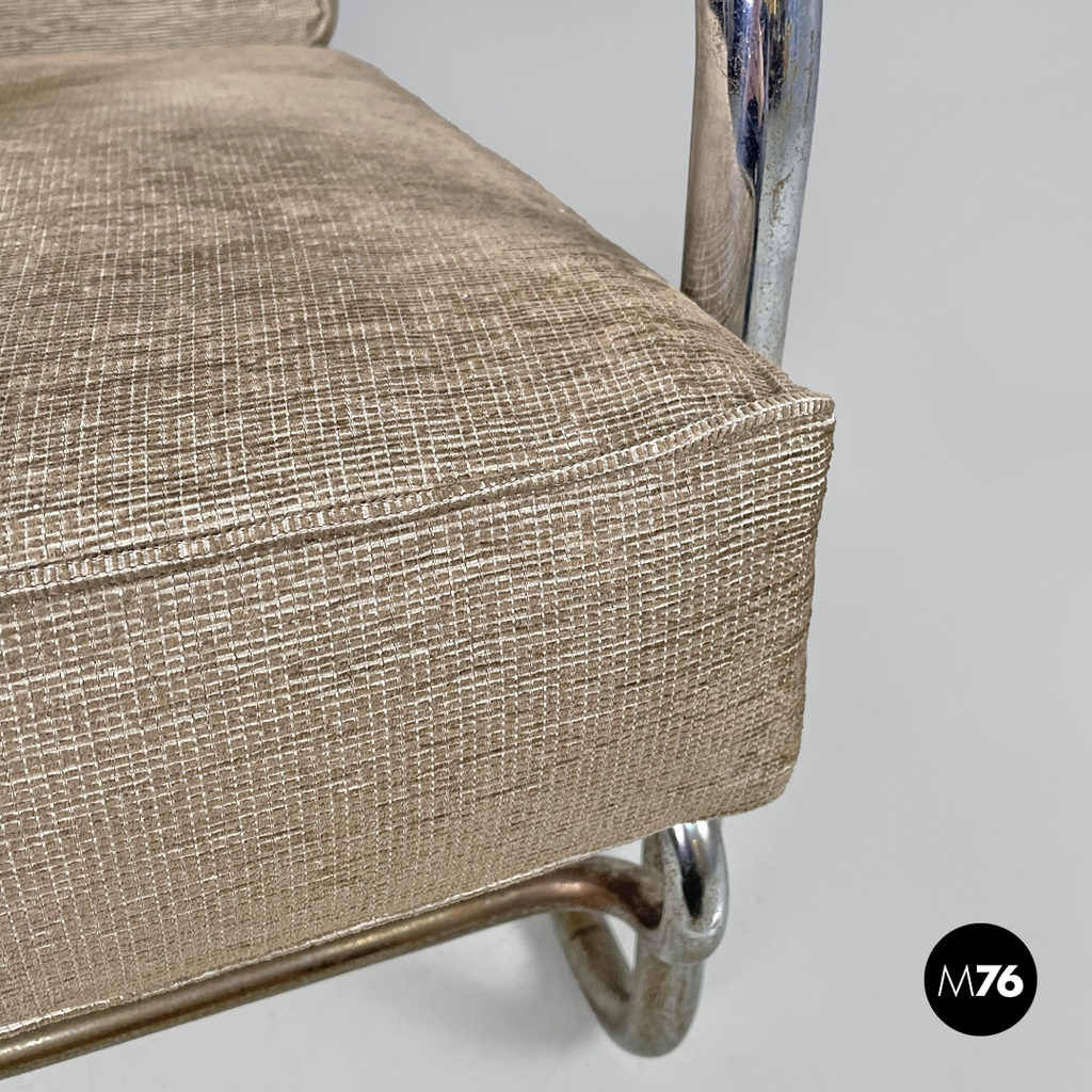 Italian Bauhaus armchair chromed metal structure and light brown fabric, 1940s