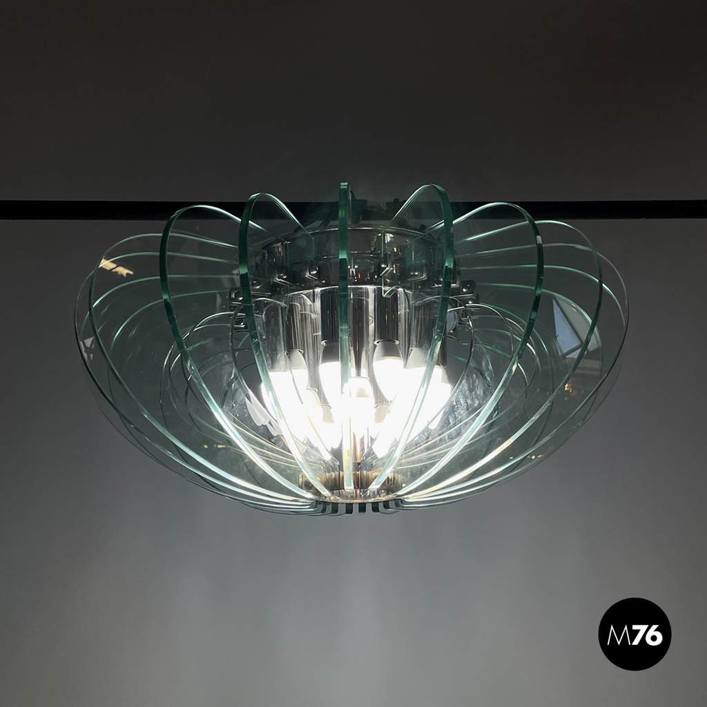 Italian modern transparent rounded glass and chromed metal chandelier, 1970s