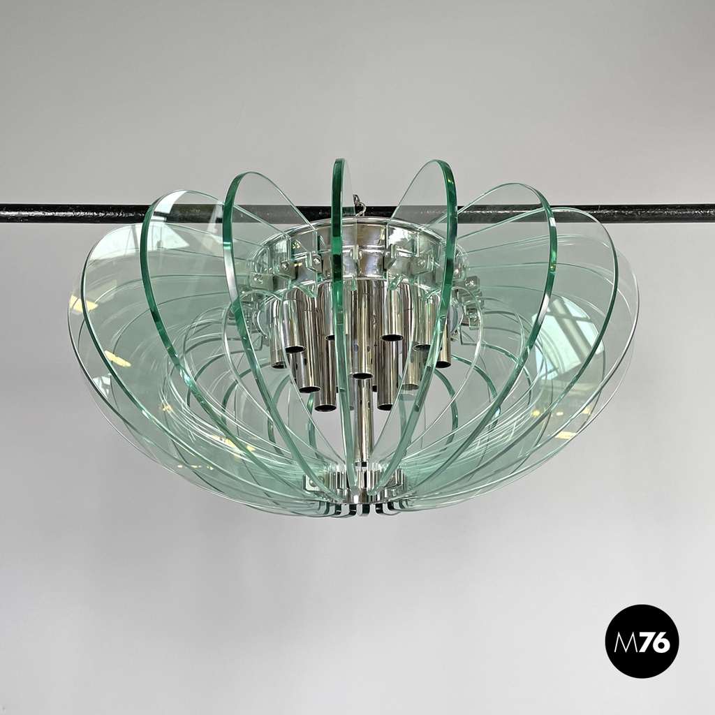 Italian modern transparent rounded glass and chromed metal chandelier, 1970s