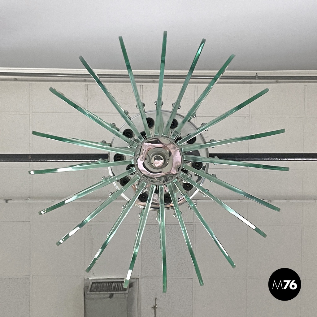 Italian modern transparent rounded glass and chromed metal chandelier, 1970s