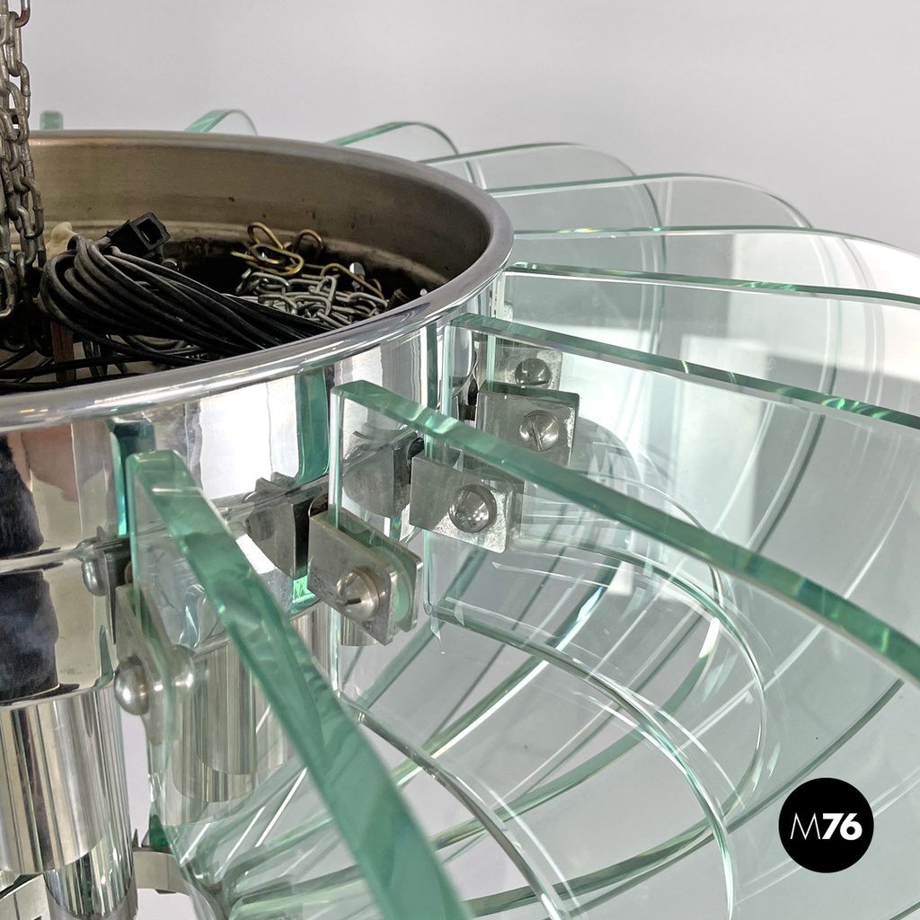 Italian modern transparent rounded glass and chromed metal chandelier, 1970s