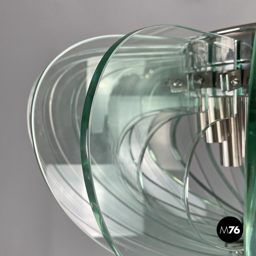 Italian modern transparent rounded glass and chromed metal chandelier, 1970s