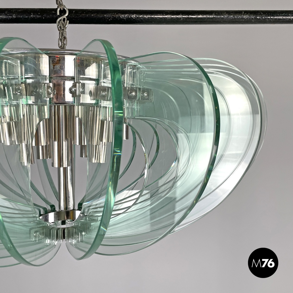 Italian modern transparent rounded glass and chromed metal chandelier, 1970s