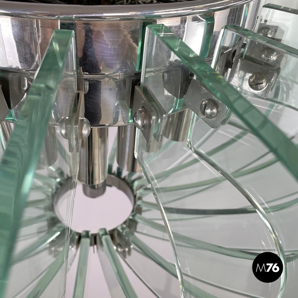 Italian modern transparent rounded glass and chromed metal chandelier, 1970s