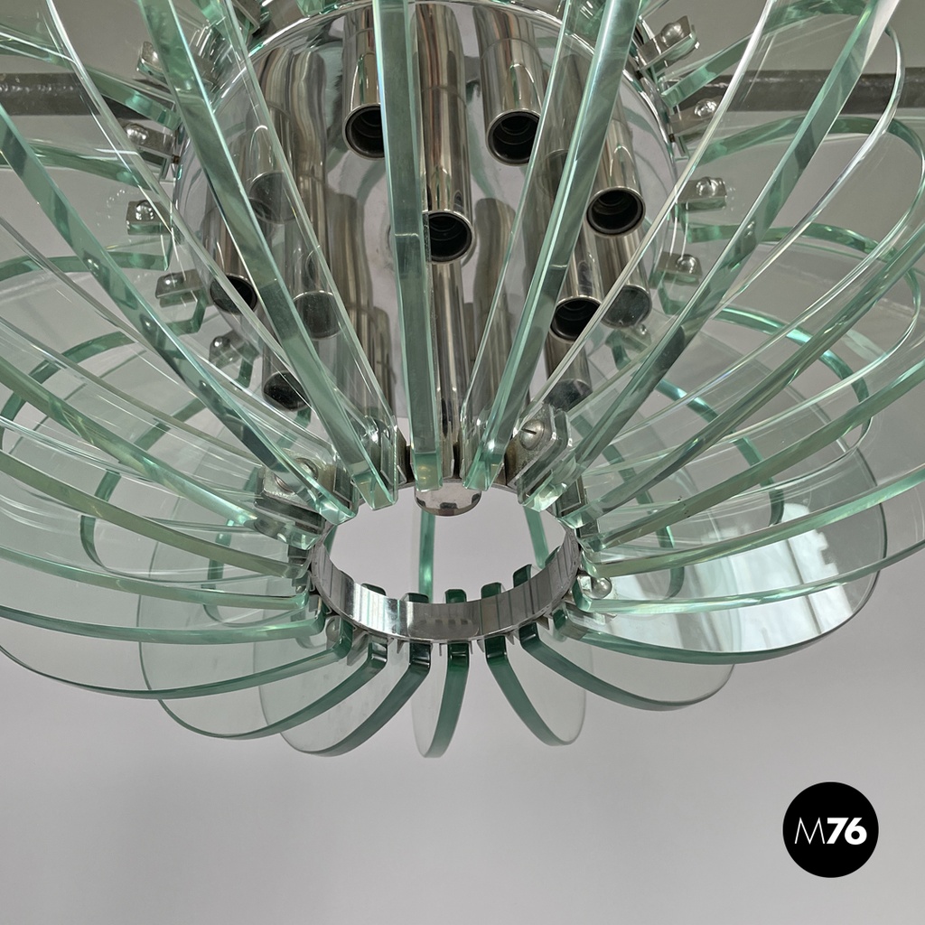 Italian modern transparent rounded glass and chromed metal chandelier, 1970s