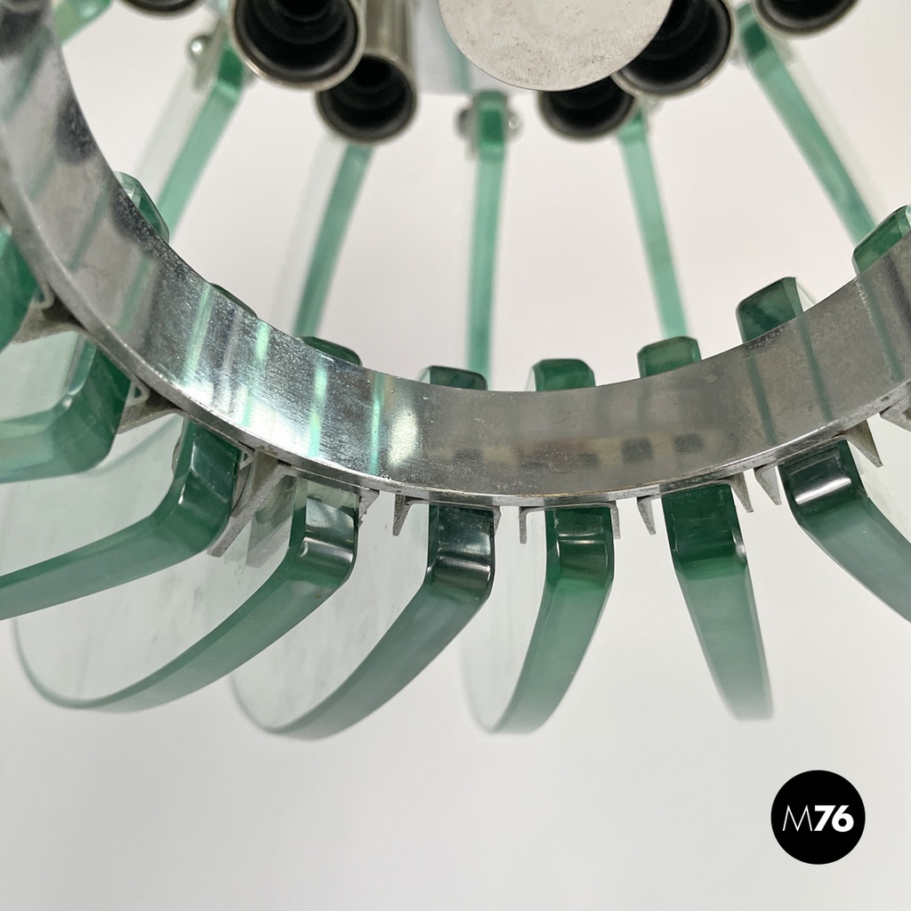 Italian modern transparent rounded glass and chromed metal chandelier, 1970s