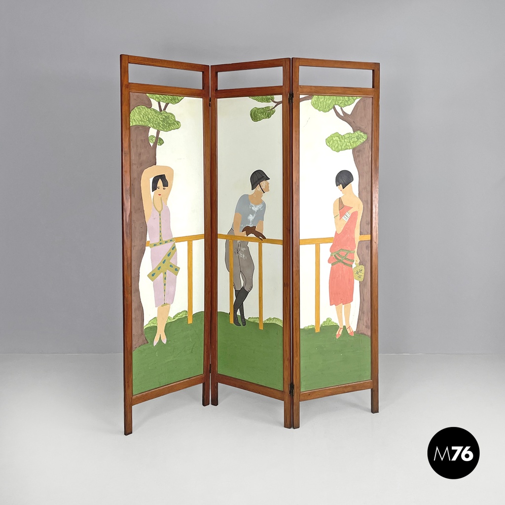 Italian Art Nouveau wooden screen with hand painted human figures, early 1900s