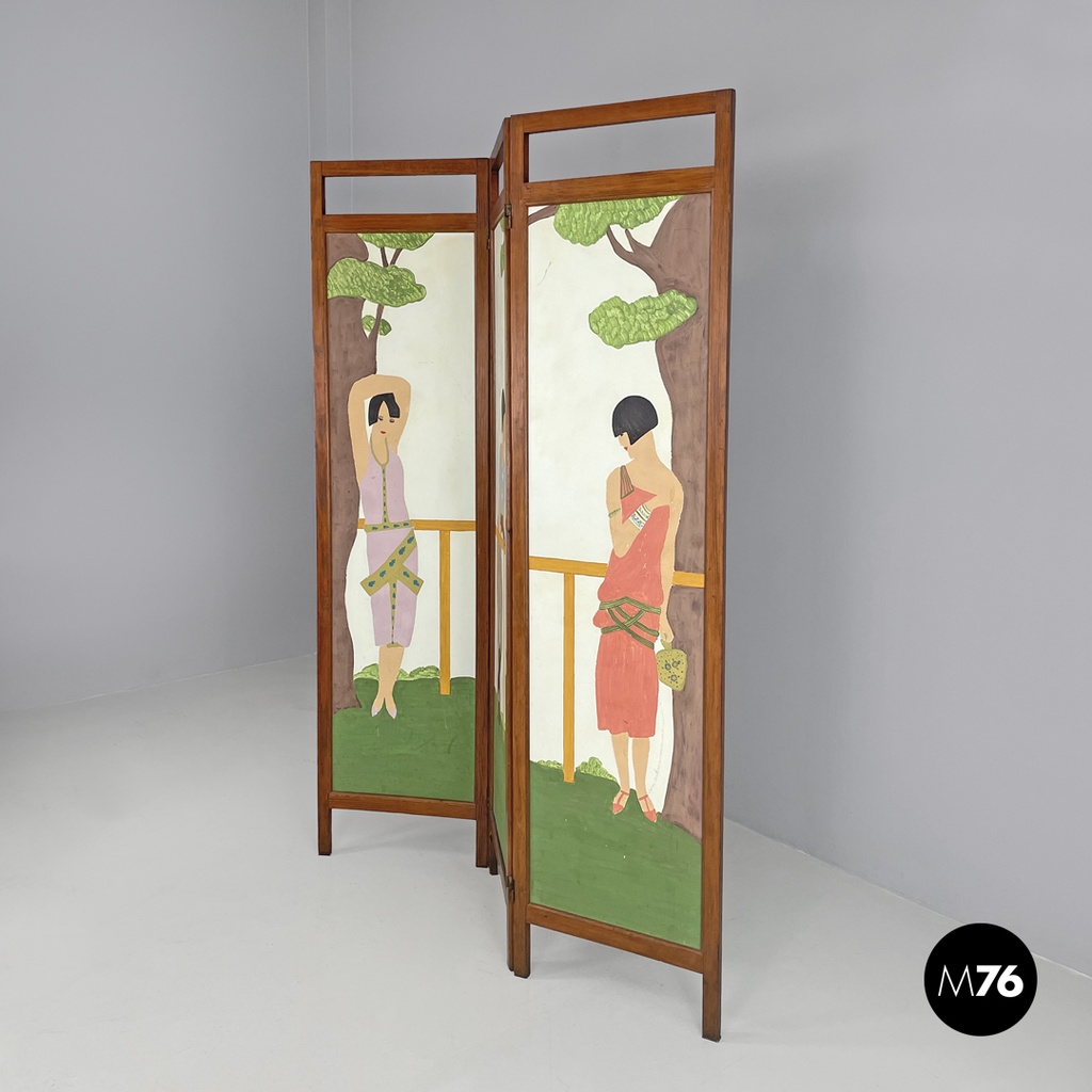 Italian Art Nouveau wooden screen with hand painted human figures, early 1900s