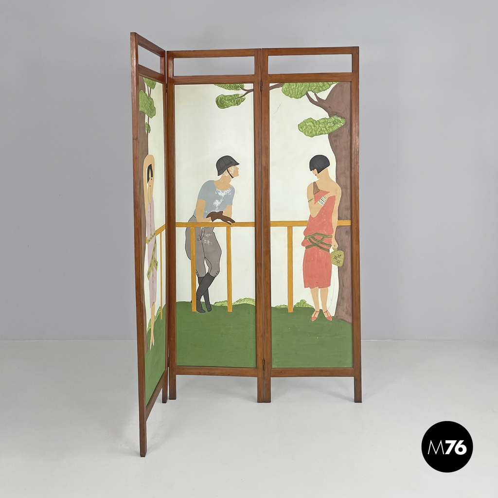 Italian Art Nouveau wooden screen with hand painted human figures, early 1900s