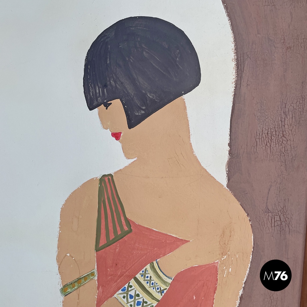 Italian Art Nouveau wooden screen with hand painted human figures, early 1900s