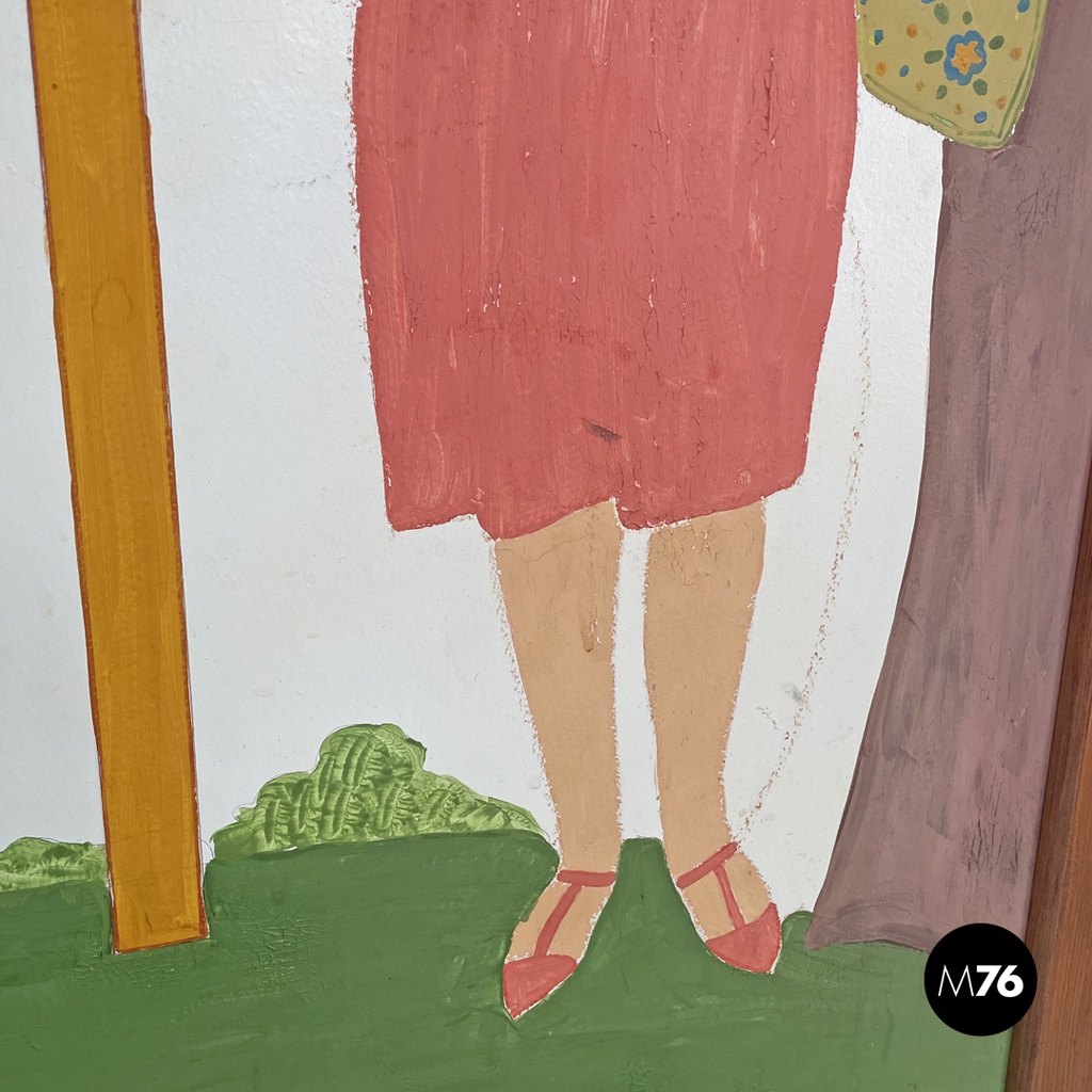 Italian Art Nouveau wooden screen with hand painted human figures, early 1900s