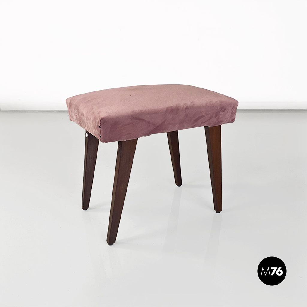 Italian mid-century modern wooden and pink velvet footstool or pouf, 1960s