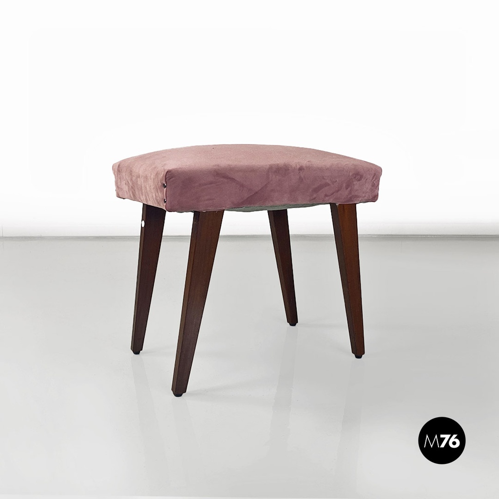 Italian mid-century modern wooden and pink velvet footstool or pouf, 1960s