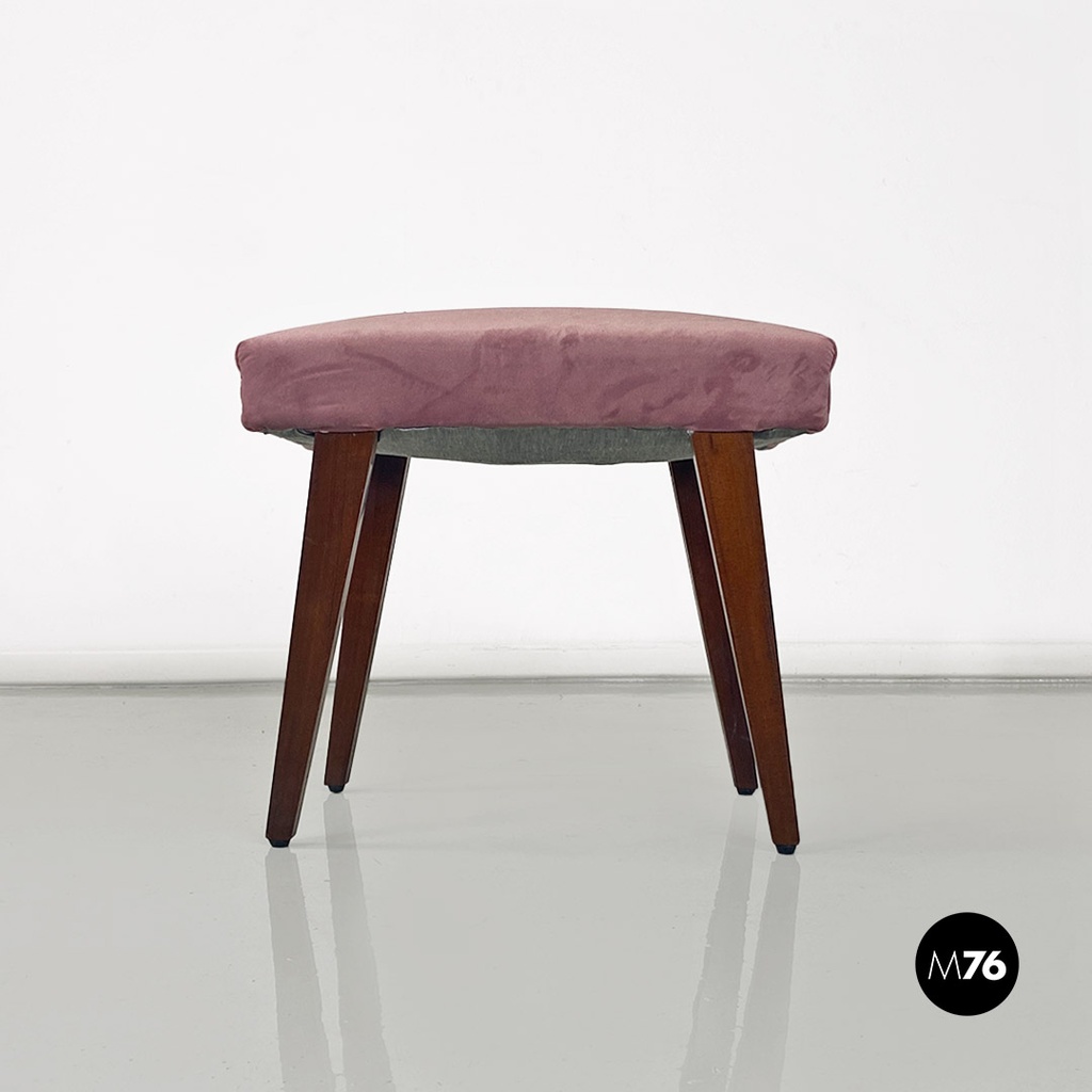 Italian mid-century modern wooden and pink velvet footstool or pouf, 1960s