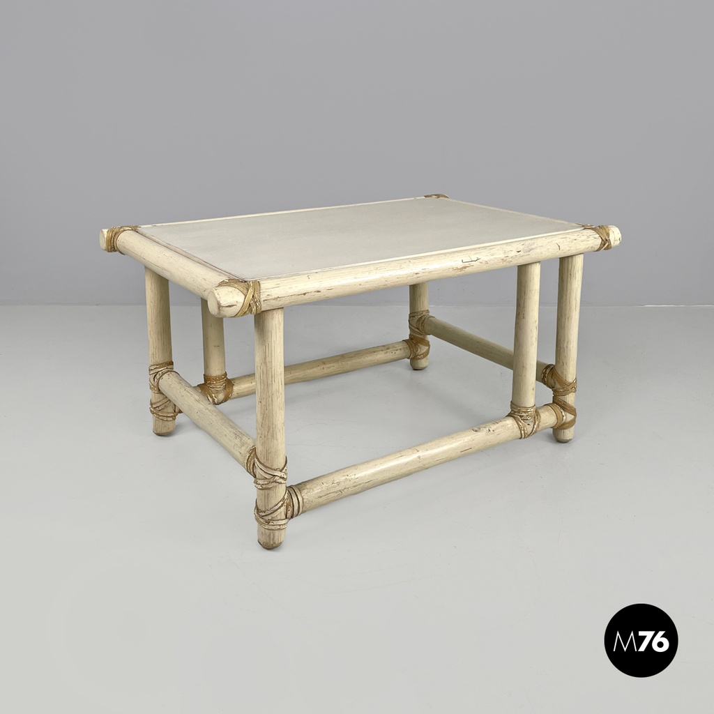 American mid-century modern rattan and white wood coffee table by Mcguire, 1960s