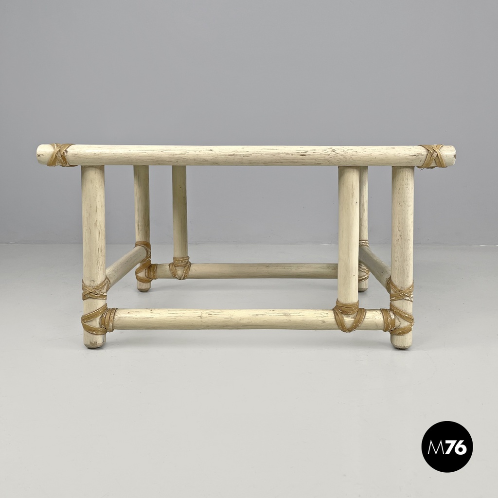 American mid-century modern rattan and white wood coffee table by Mcguire, 1960s