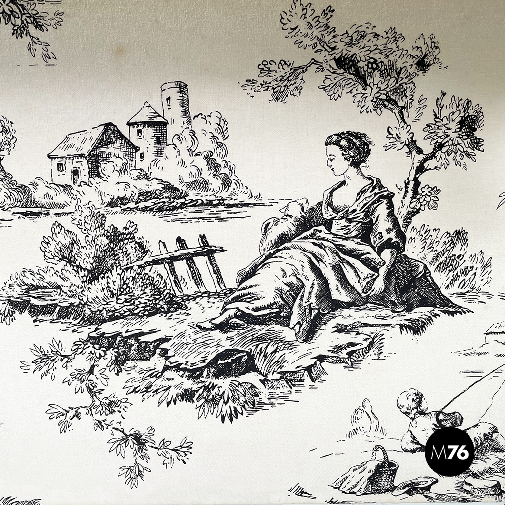 Italian Fire screen in black and white fabric and wood, early 1900s