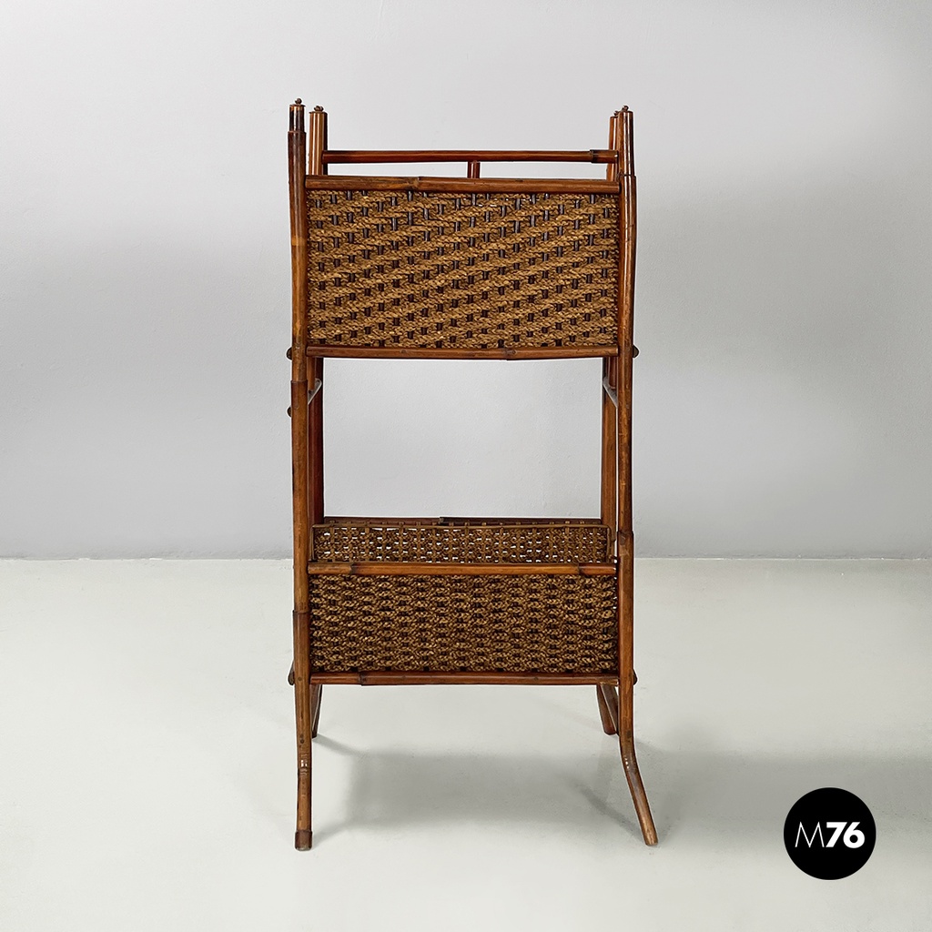Italian mid-century modern Magazine rack with double shelf in rattan, 1960s