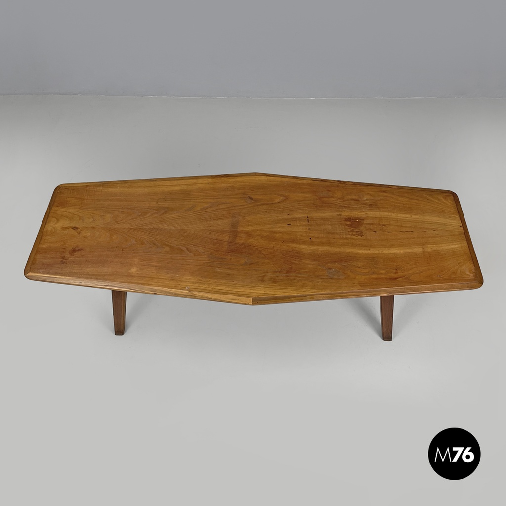Italian mid-century modern long wooden coffee table with pointed sides, 1960s