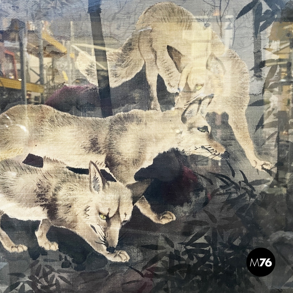 Japanese antique Silk tapestry with 5 foxes in bamboo forest, mid 1700s