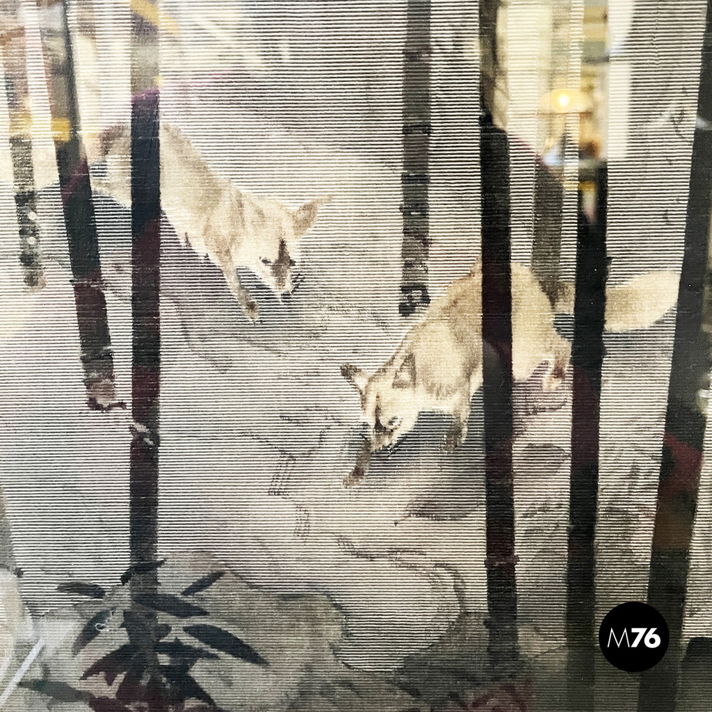 Japanese antique Silk tapestry with 5 foxes in bamboo forest, mid 1700s