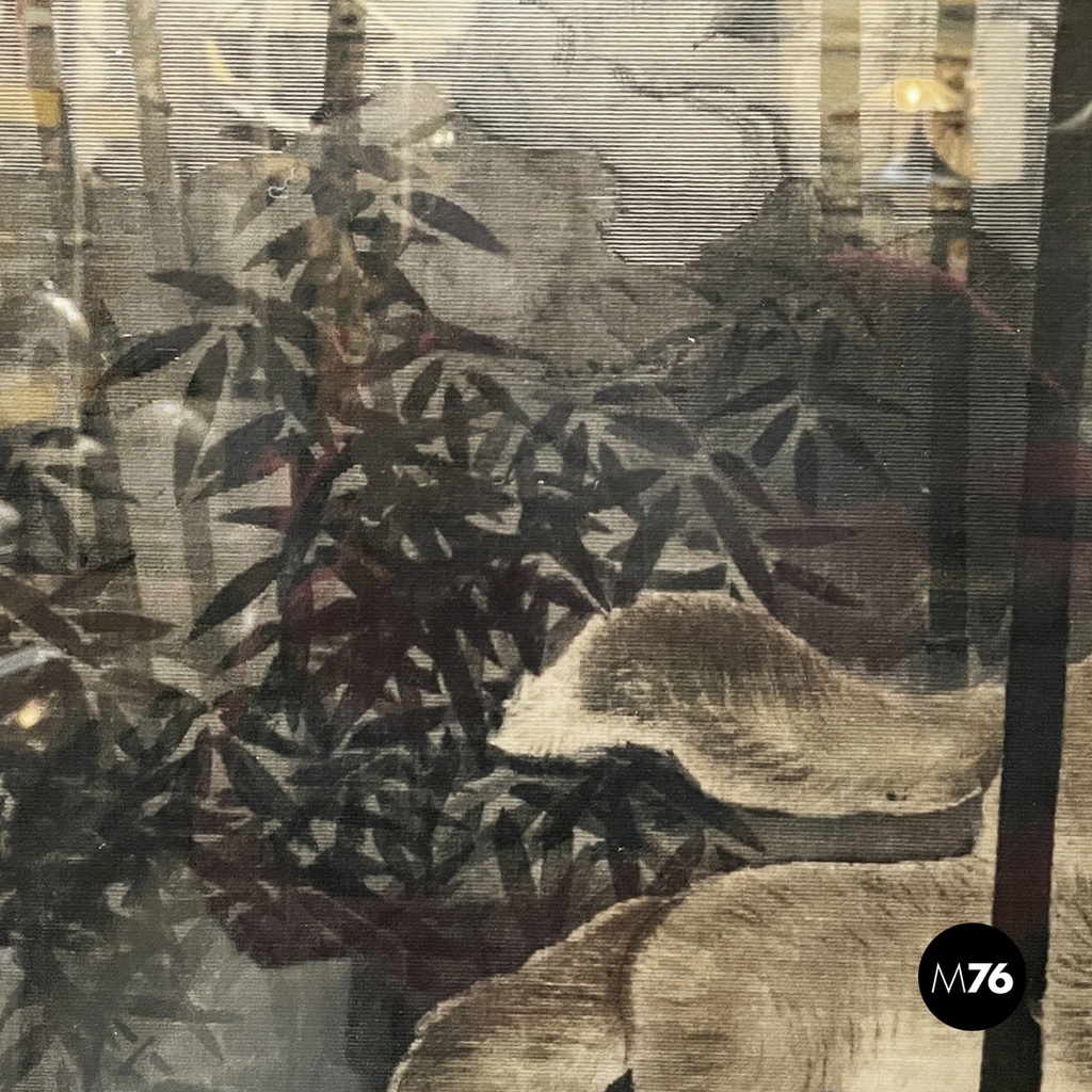 Japanese antique Silk tapestry with 5 foxes in bamboo forest, mid 1700s