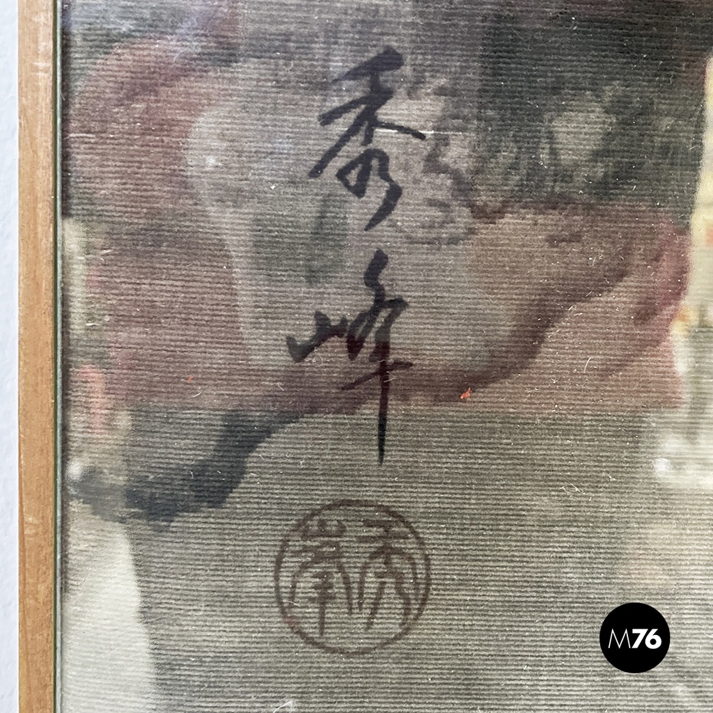 Japanese antique Silk tapestry with 5 foxes in bamboo forest, mid 1700s