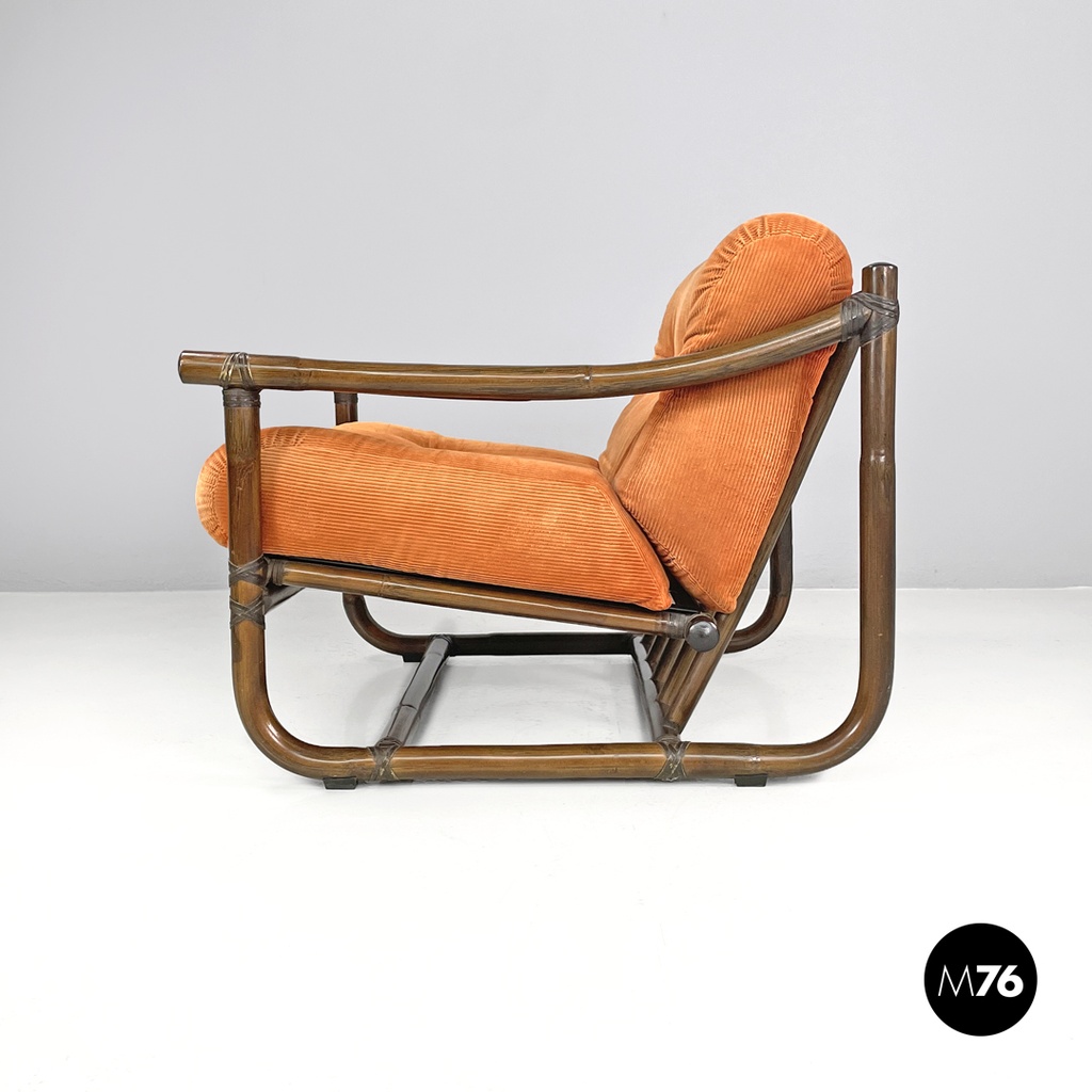 Italian modern bamboo armchairs orange cushions Tito Agnoli for Bonacina, 1970s