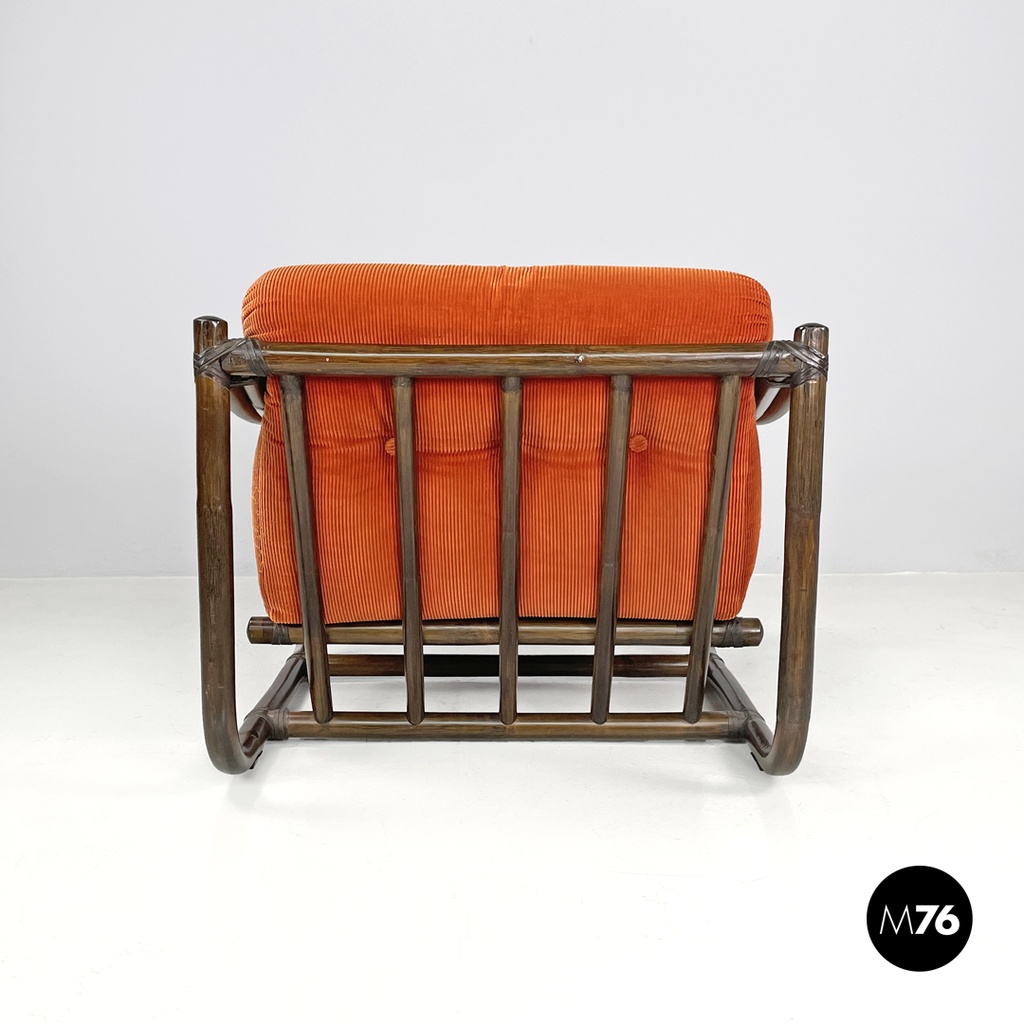 Italian modern bamboo armchairs orange cushions Tito Agnoli for Bonacina, 1970s