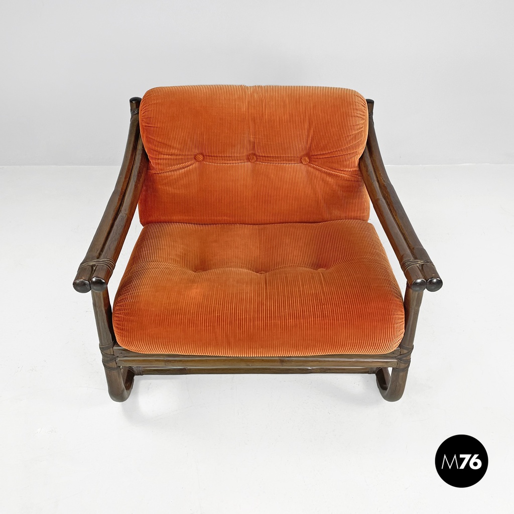 Italian modern bamboo armchairs orange cushions Tito Agnoli for Bonacina, 1970s