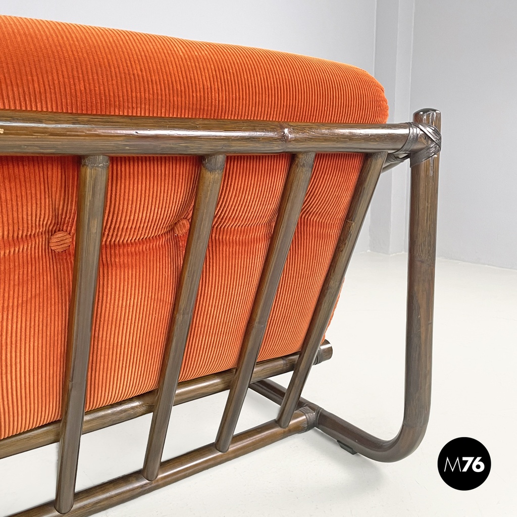 Italian modern bamboo armchairs orange cushions Tito Agnoli for Bonacina, 1970s