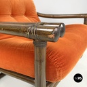 Italian modern bamboo armchairs orange cushions Tito Agnoli for Bonacina, 1970s