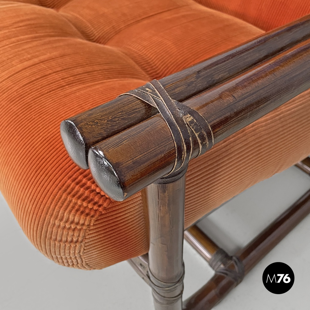 Italian modern bamboo armchairs orange cushions Tito Agnoli for Bonacina, 1970s
