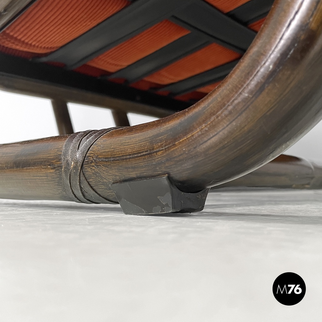 Italian modern bamboo armchairs orange cushions Tito Agnoli for Bonacina, 1970s