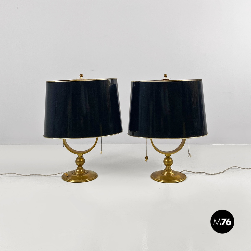 Italian mid century modern brass and black glossy abat jour or table lamps 1940s