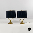 Italian mid century modern brass and black glossy abat jour or table lamps 1940s