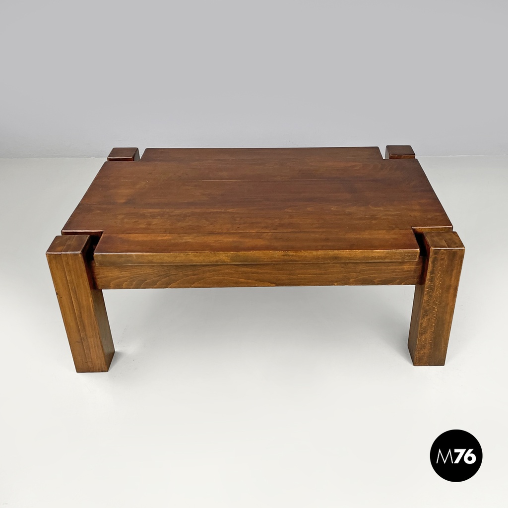 Italian modern wooden coffee table with geometric lines and squared legs, 1970s