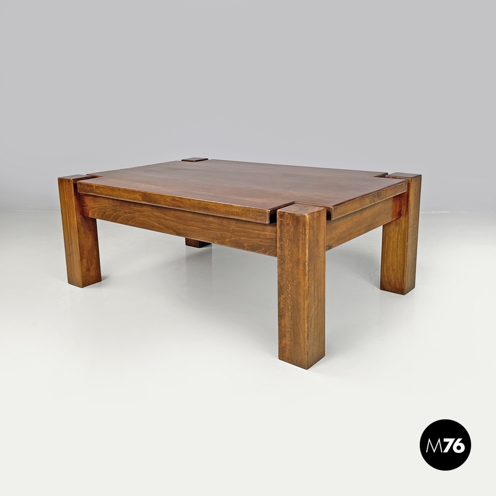 Italian modern wooden coffee table with geometric lines and squared legs, 1970s