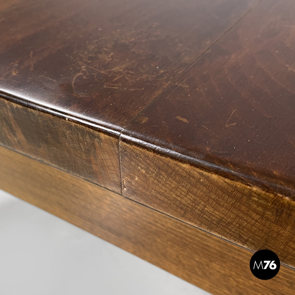 Italian modern wooden coffee table with geometric lines and squared legs, 1970s