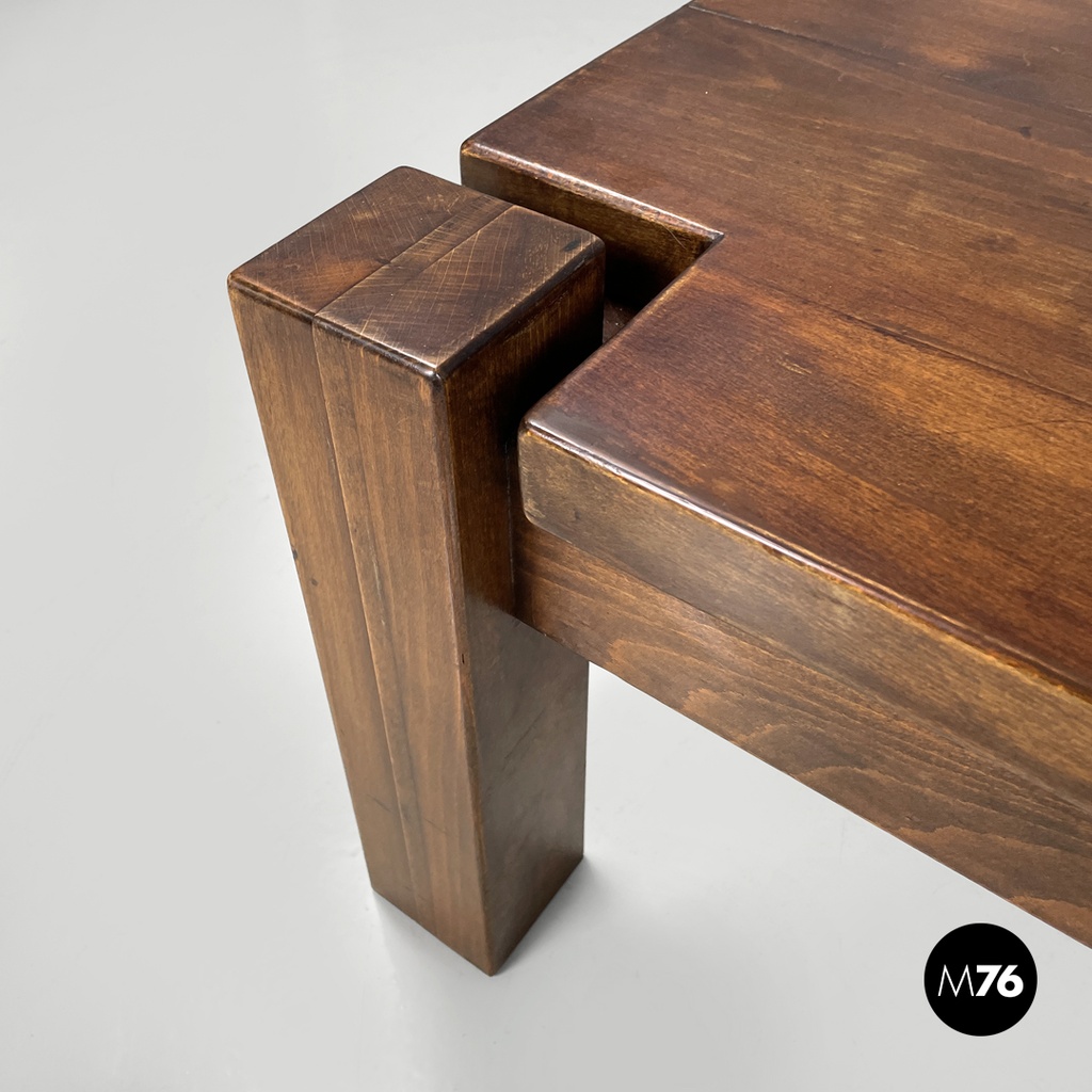 Italian modern wooden coffee table with geometric lines and squared legs, 1970s