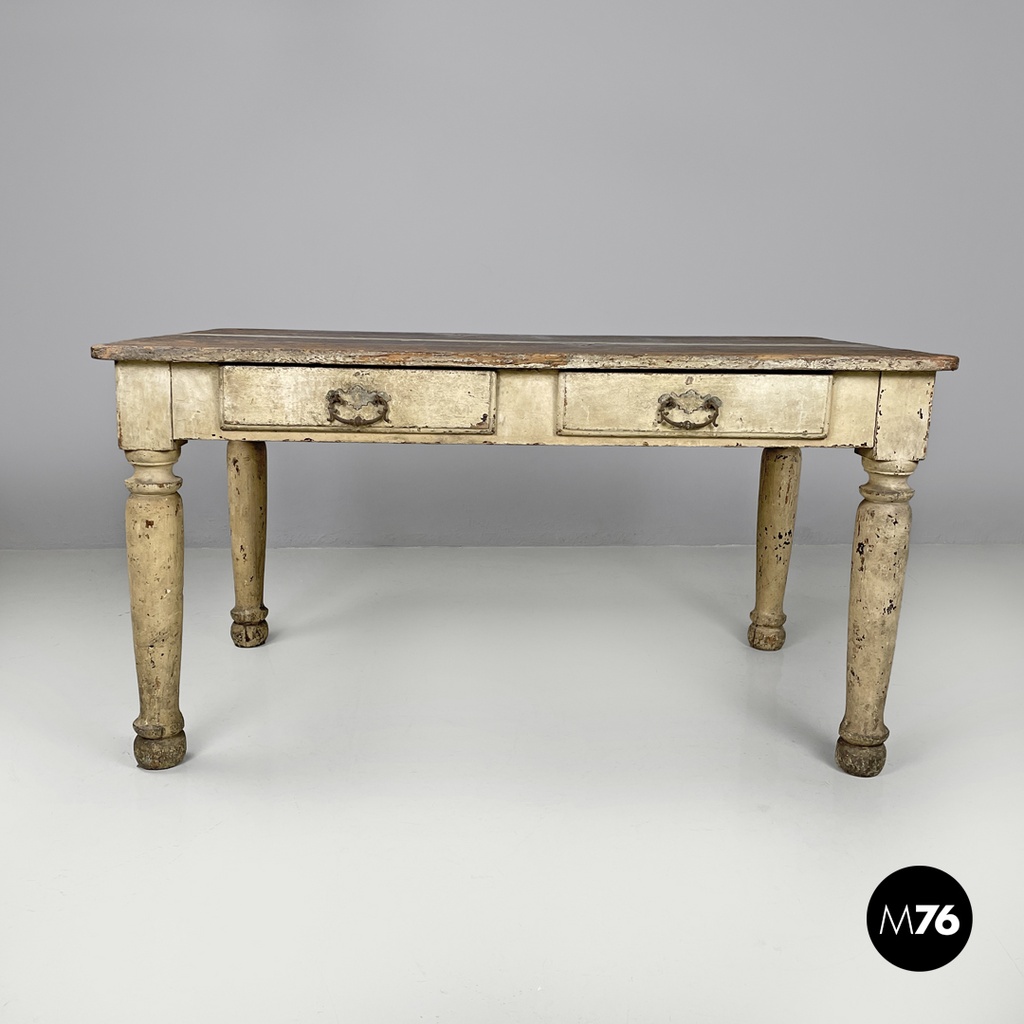 Italian antique white painted wooden dining table with two drawers, late 1800s