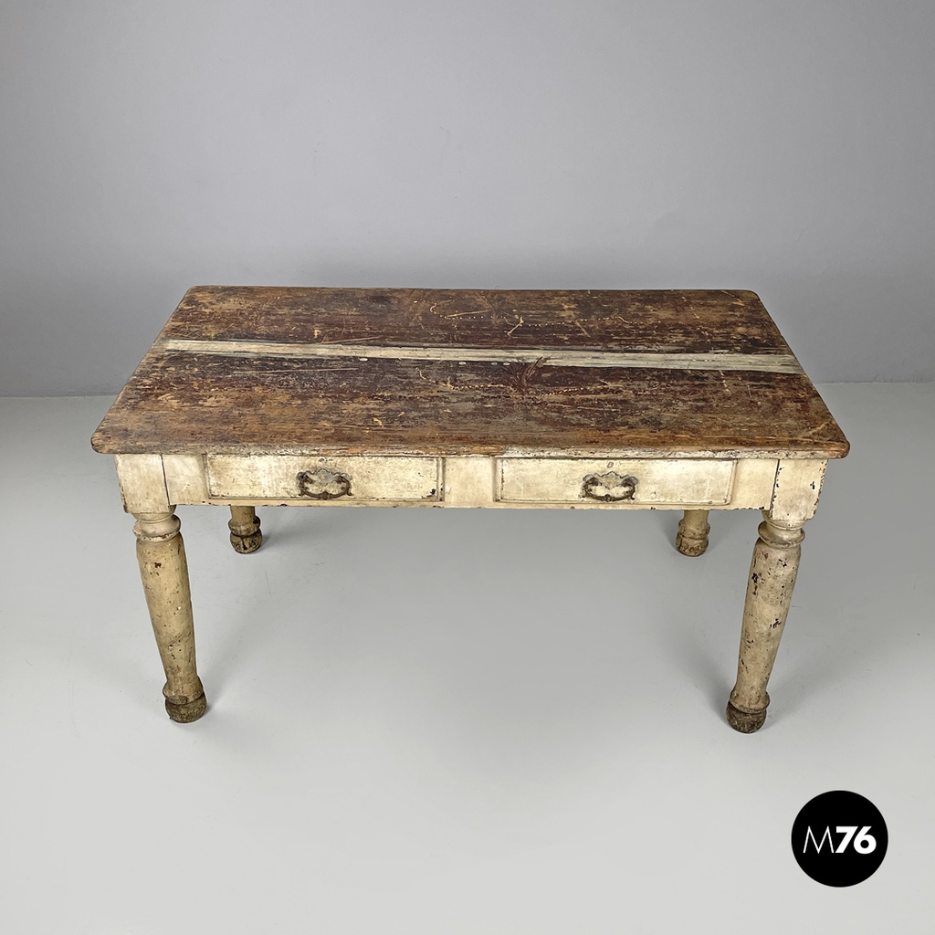 Italian antique white painted wooden dining table with two drawers, late 1800s