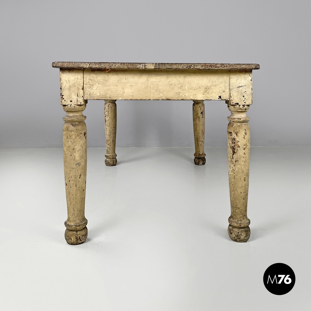 Italian antique white painted wooden dining table with two drawers, late 1800s